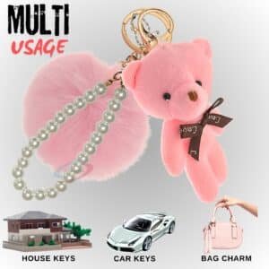 Adorable Fluffy Faux Fur Soft Pom Pom Teddy with Pearl Chain Keychain - Pink
