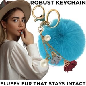 Cute Rose Pearl Pom Pom Keychain – Perfect for Fashion-Forward Women - Peacock Blue