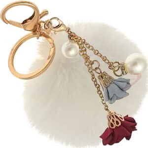 Fashionable Rose Pearl Pom Pom Keychain – Customizable Charm for Trendsetters - White