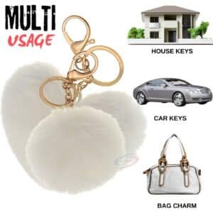 Cute Fluffy Faux Fur Soft Pom Pom Heart Keychain for Trendy Bags - White