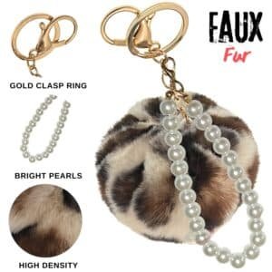 Adorable Faux Fur Pompom with Pearls Keychain Charm for Fashion Accessories - Cream Lepo