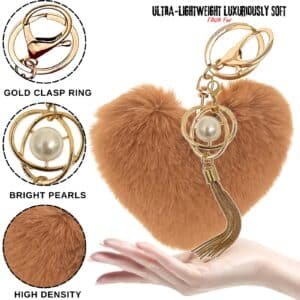 Stylish Pearl Tassel Pendant on a Fluffy Soft Faux Fur Pompom Heart Keychain - Brown