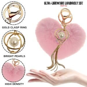 Trendy Faux Fur Pom Pom Keychain with Heart Pearl & Tassel Pendant - Pink