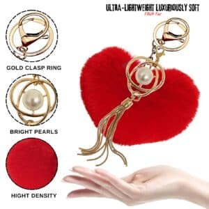 Custom Faux Fur Pom Pom Keychain – Heart Pearl Tassel Pendant for Gifts- Red