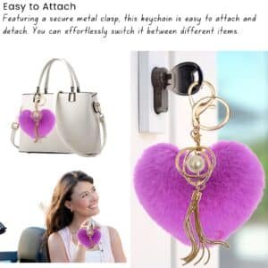 Chic Pearl Tassel Pendant Charm on a Soft Fluffy Faux Fur Pompom Heart Keychain - Violet