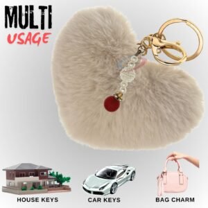 Luxurious Soft Faux Fur Pompom Heart Keychain with Elegant Pearl Pendant - Beige