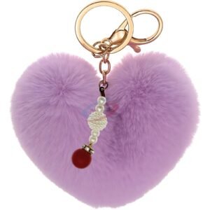 Charming Soft Faux Fur Pompom Heart Keychain with Delicate Pearl Pendant - Purple