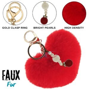 Trendy Soft Faux Fur Pompom Heart Keychain with Stylish Pearl Pendant - Red