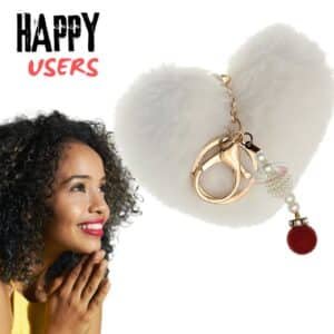 Premium Soft Faux Fur Pompom Heart Keychain with Fashionable Pearl Pendant - White