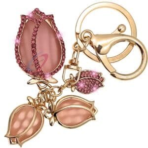 Glamorous Bling Rhinestones Rose Flower Fashion Keychain Charm for Trendy Bags - Pink