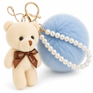 Light Blue & White Teddy Pom Pom Key Ring – iAccessories Fluffy Faux Fur Pearl Keychain for Girls