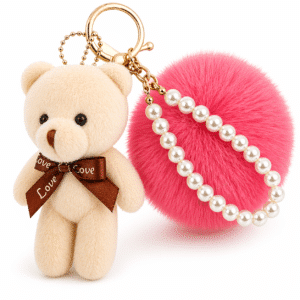 Rose White Teddy Pom Pom Key Ring – iAccessories Faux Fur Pearl Keychain Charm for Girls