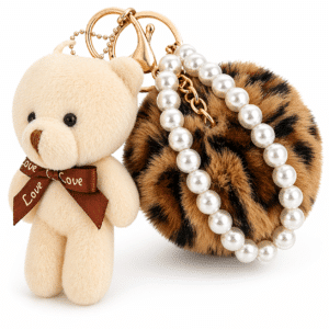 Brown Leopard-White Teddy Pom Pom Key Ring – iAccessories Faux Fur Pearl Bag Charm for Girls