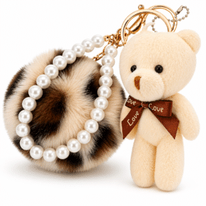 Cream Leopard Teddy Faux Fur Pom Pom Key Ring – Pearl Bag Charm for Girls | iAccessories