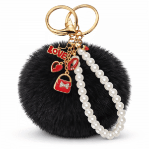 Black Fluffy Faux Fur Heart Pom Pom Keychain with Pearl – iAccessories Stylish Bag Charm for Girls