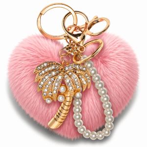 iAccessories Pink Faux Fur Heart Keychain with Bling Palm Tree & Pearl Pendant – Cute Fluffy Bag Charm for Girls