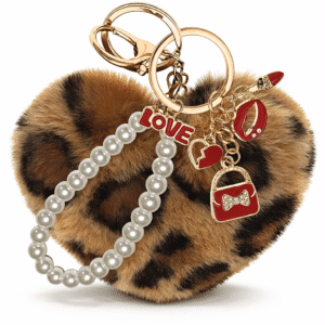 iAccessories Brown Fluffy Faux Fur Heart Keychain with Pearl Pendant – Cute Bag Charm for Girls & Women