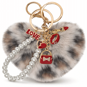 iAccessories Cream Lepo Faux Fur Heart Pom Pom Keychain with Pearl Pendant – Cute Bag Charm for Girls