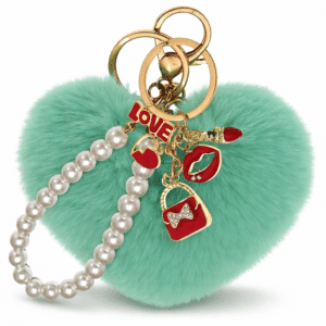 iAccessories Mint Green Faux Fur Heart Pom Pom Keychain with Pearl Pendant – Cute Bag Charm for Girls