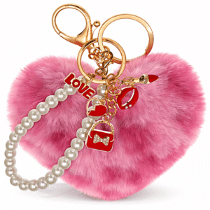 iAccessories Rose Faux Fur Heart Keychain with Pearl Pendant – Fluffy Pom Pom Bag Charm for Girls