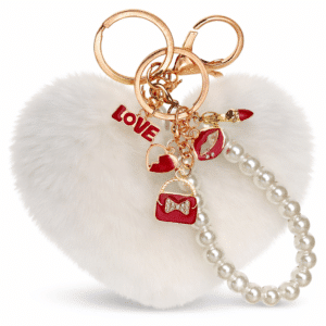 iAccessories White Faux Fur Pom Pom Heart Keychain with Pearl – Cute Bag & Wallet Charm for Girls