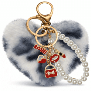 White Black Leopard Heart Pom Pom Keychain – iAccessories Faux Fur Pearl Bag Charm for Girls
