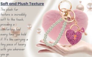 Main view of the Pink Faux Fur Heart Keychain with Crystal Lock