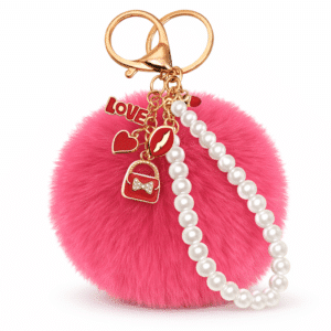 Rose Pink Fluffy Faux Fur Heart Pom Pom Keychain with Pearl – iAccessories Cute Bag Charm for Girls