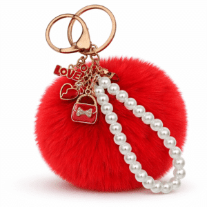 Red Fluffy Faux Fur Heart Pom Pom Keychain with Pearl – iAccessories Cute Bag Charm for Girls
