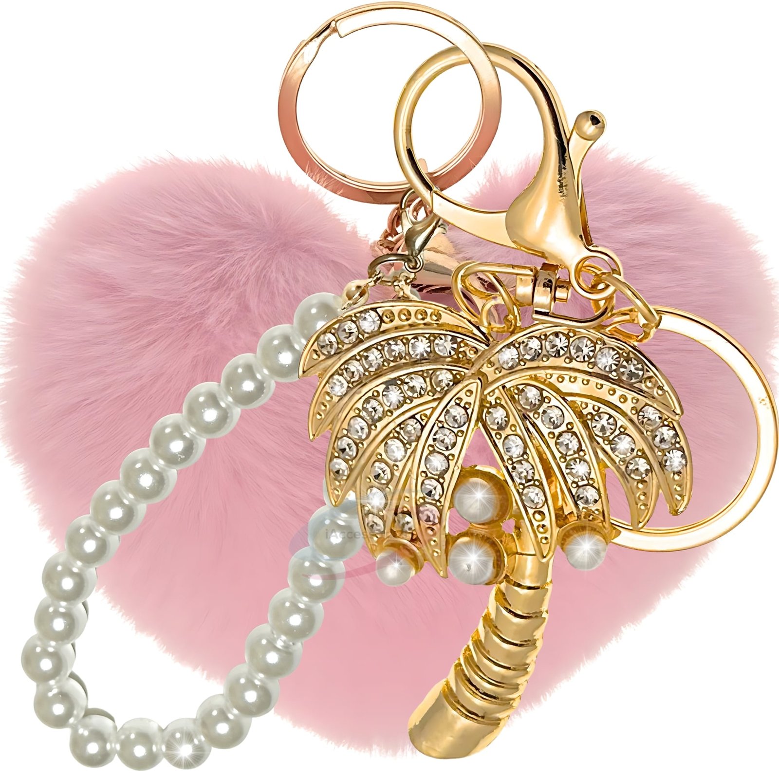 iAccessories Faux Fur Heart Palm Tree Keychain for Women & Girls Pearl Bead Loop Bag Charm, Stylish Rhinestone Key Ring for Handbags, Wallets & Luggage Cute Tropical Gift for Her – Pink-1