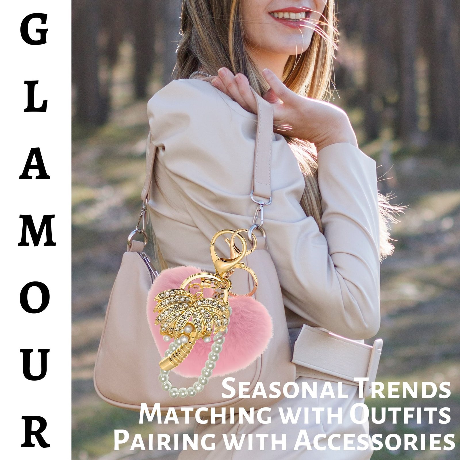 iAccessories Faux Fur Heart Palm Tree Keychain for Women & Girls Pearl Bead Loop Bag Charm, Stylish Rhinestone Key Ring for Handbags, Wallets & Luggage Cute Tropical Gift for Her – Pink-2