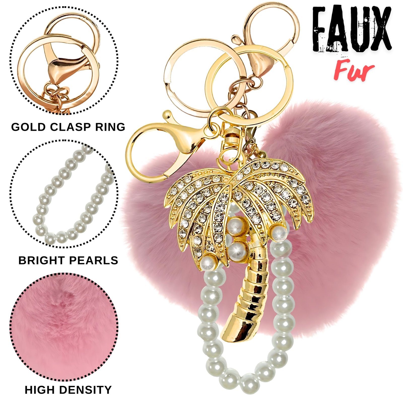 iAccessories Faux Fur Heart Palm Tree Keychain for Women & Girls Pearl Bead Loop Bag Charm, Stylish Rhinestone Key Ring for Handbags, Wallets & Luggage Cute Tropical Gift for Her – Pink-3