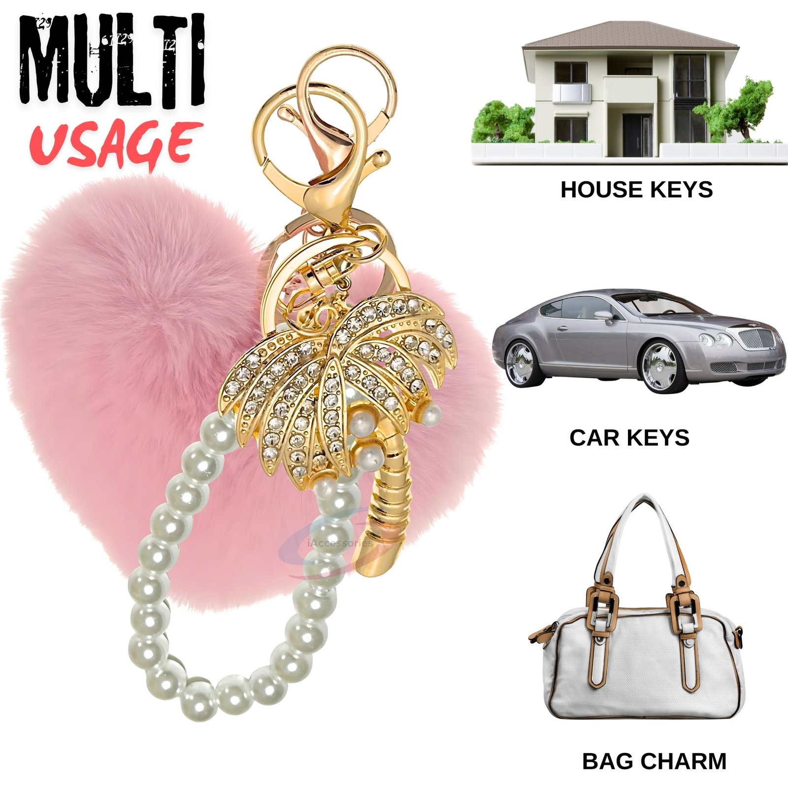 iAccessories Faux Fur Heart Palm Tree Keychain for Women & Girls Pearl Bead Loop Bag Charm, Stylish Rhinestone Key Ring for Handbags, Wallets & Luggage Cute Tropical Gift for Her - Pink-5