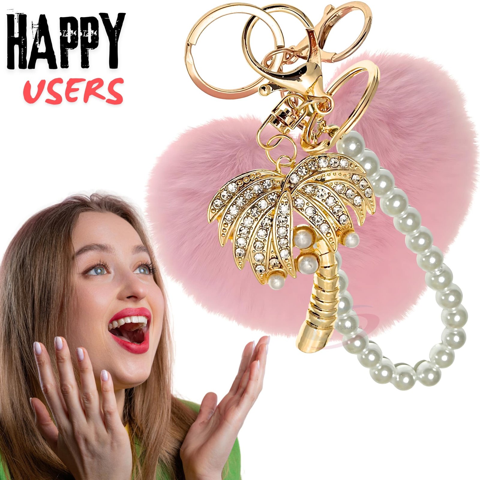 iAccessories Faux Fur Heart Palm Tree Keychain for Women & Girls Pearl Bead Loop Bag Charm, Stylish Rhinestone Key Ring for Handbags, Wallets & Luggage Cute Tropical Gift for Her – Pink-7