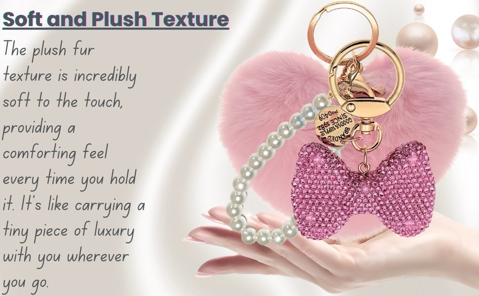 Main view of the Pink Faux Fur Heart Keychain with Rhinestone Bow and Pearl