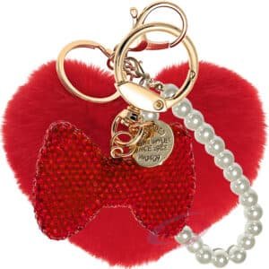 Red Faux Fur Heart Keychain with Rhinestone Bow & Pearl – iAccessories Stylish Bag Charm for Girls