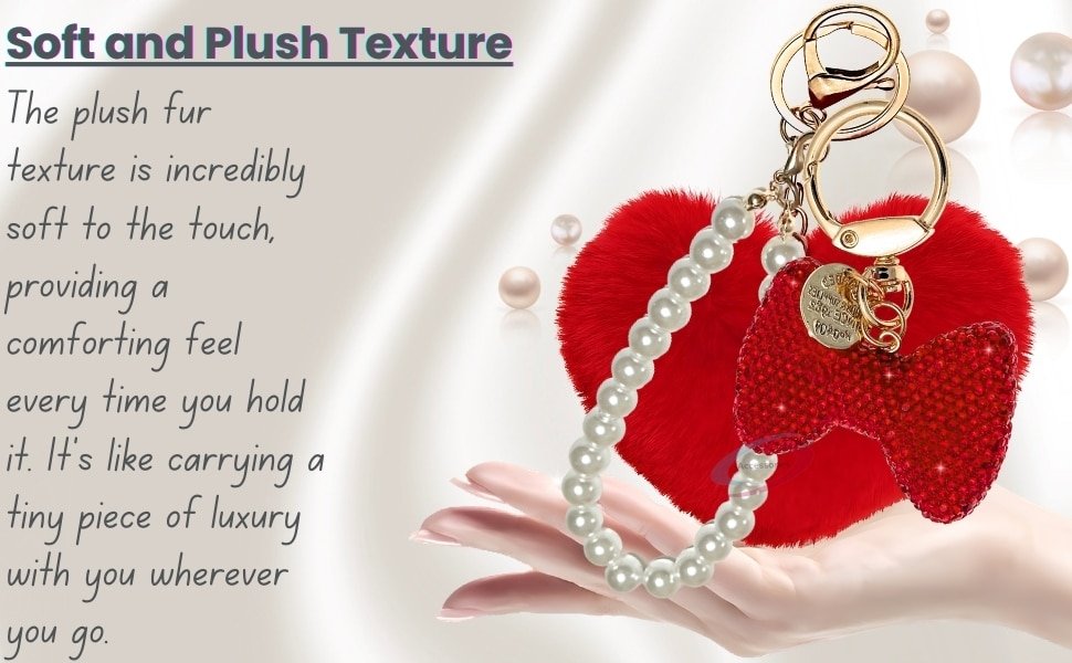 Main view of the Red Faux Fur Heart Keychain with Rhinestone Bow and Pearl