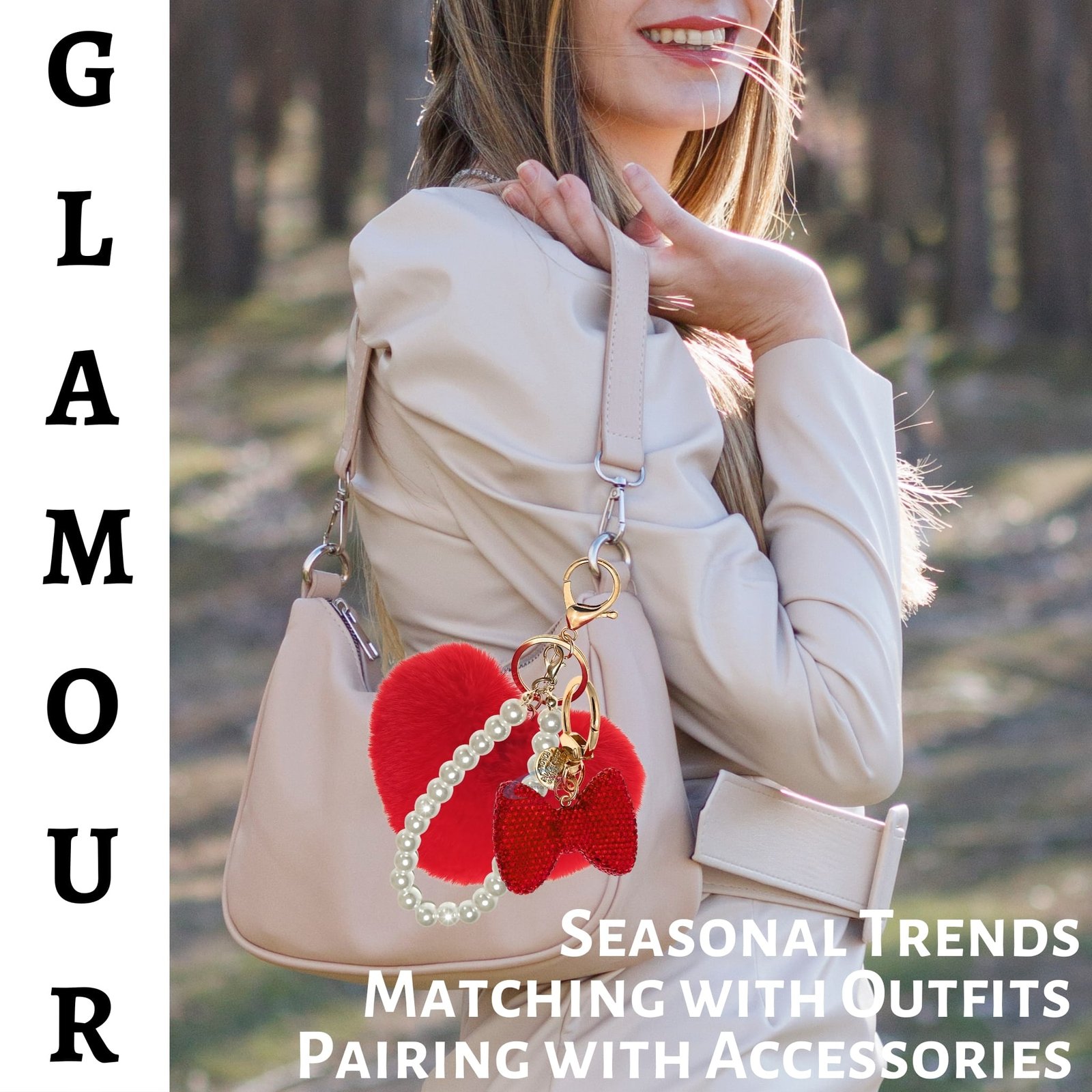 iAccessories Faux Fur Heart & Rhinestone Bow Keychain for Girls & Women Pearl Bead Loop Bag Charm, Cute Bling Key Ring for Handbags & Purses Festive Gift for Her – Red-2