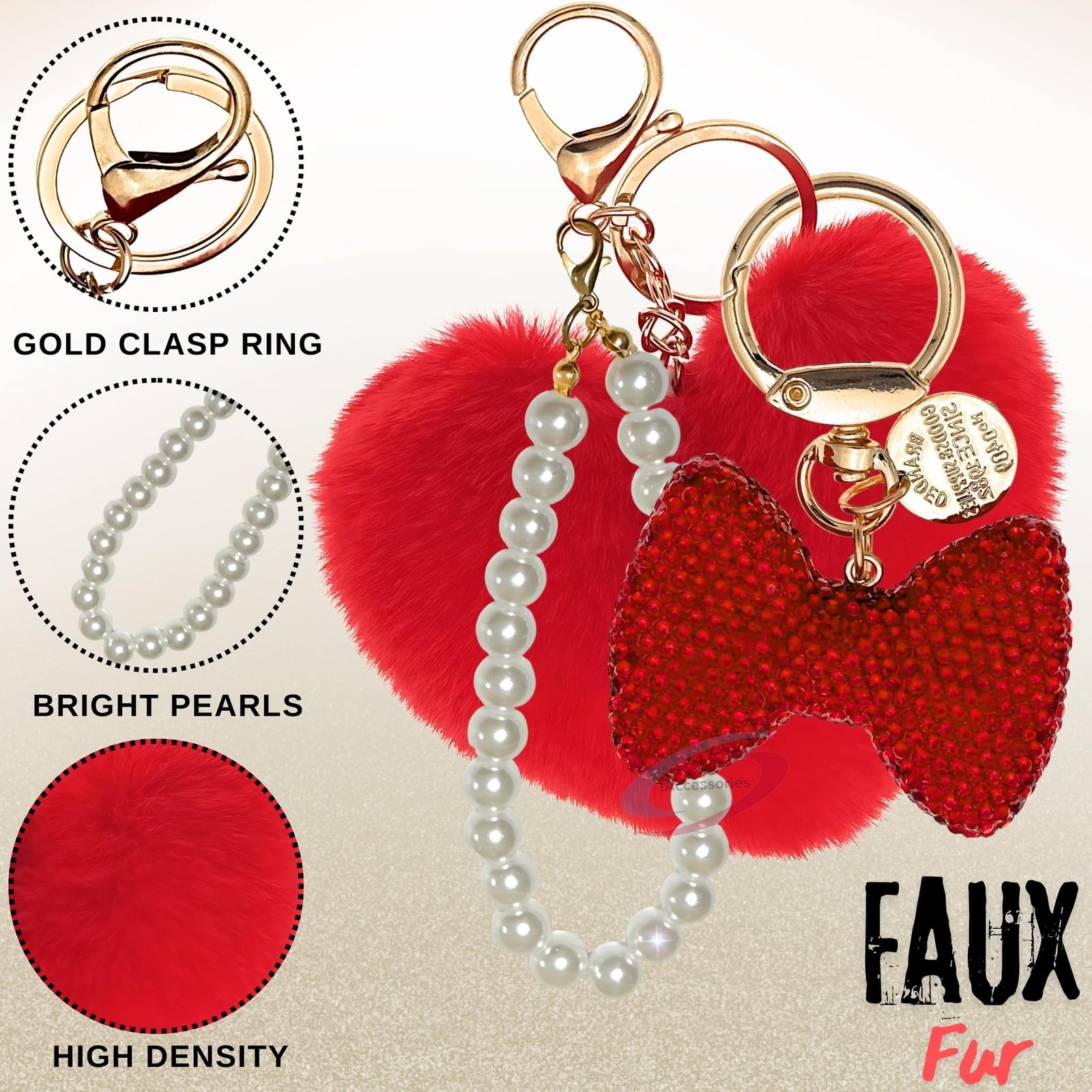 iAccessories Faux Fur Heart & Rhinestone Bow Keychain for Girls & Women Pearl Bead Loop Bag Charm, Cute Bling Key Ring for Handbags & Purses Festive Gift for Her – Red-3