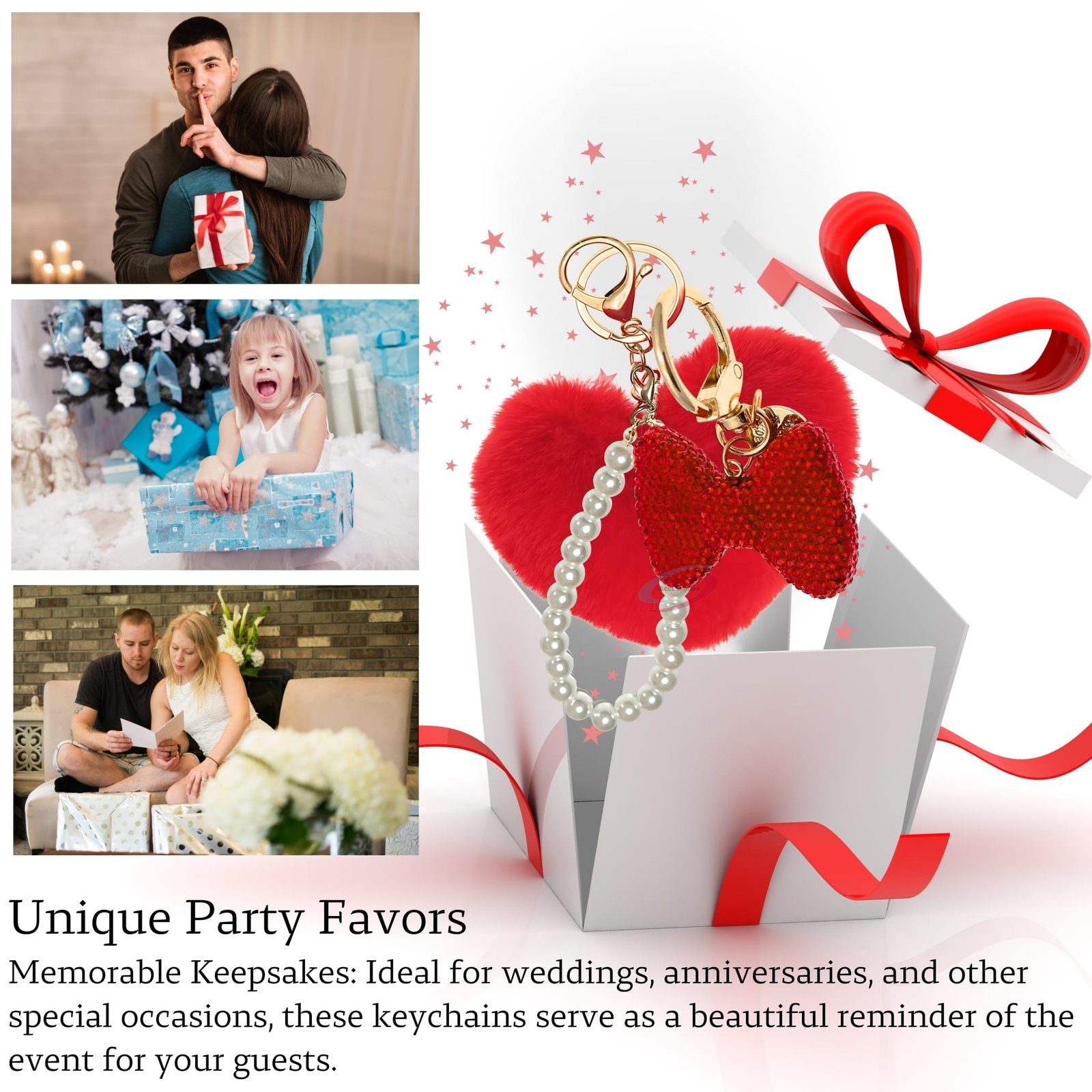 iAccessories Faux Fur Heart & Rhinestone Bow Keychain for Girls & Women Pearl Bead Loop Bag Charm, Cute Bling Key Ring for Handbags & Purses Festive Gift for Her – Red-4