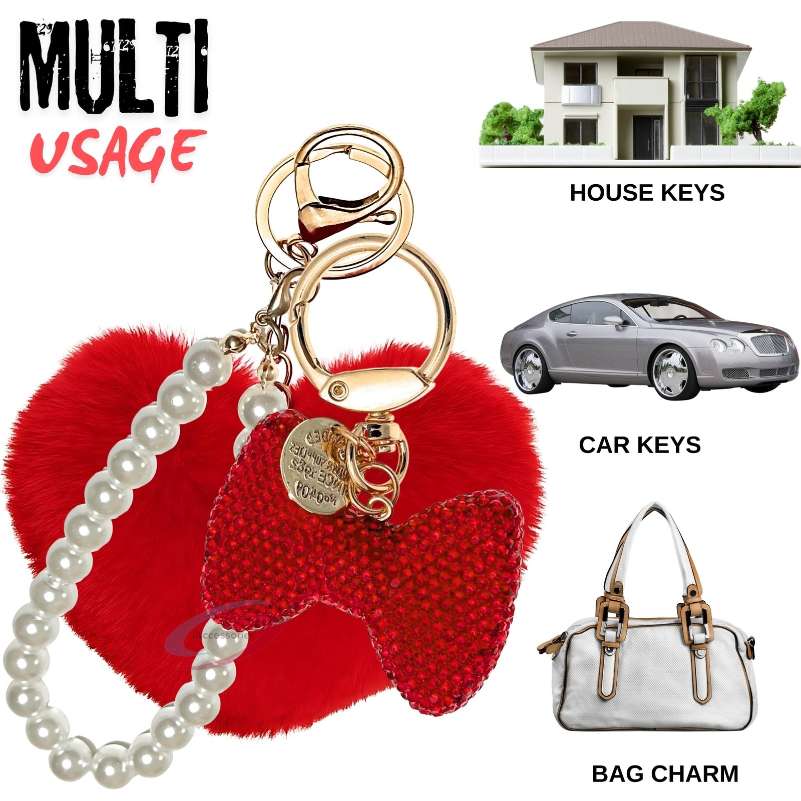 iAccessories Faux Fur Heart & Rhinestone Bow Keychain for Girls & Women Pearl Bead Loop Bag Charm, Cute Bling Key Ring for Handbags & Purses Festive Gift for Her – Red-5