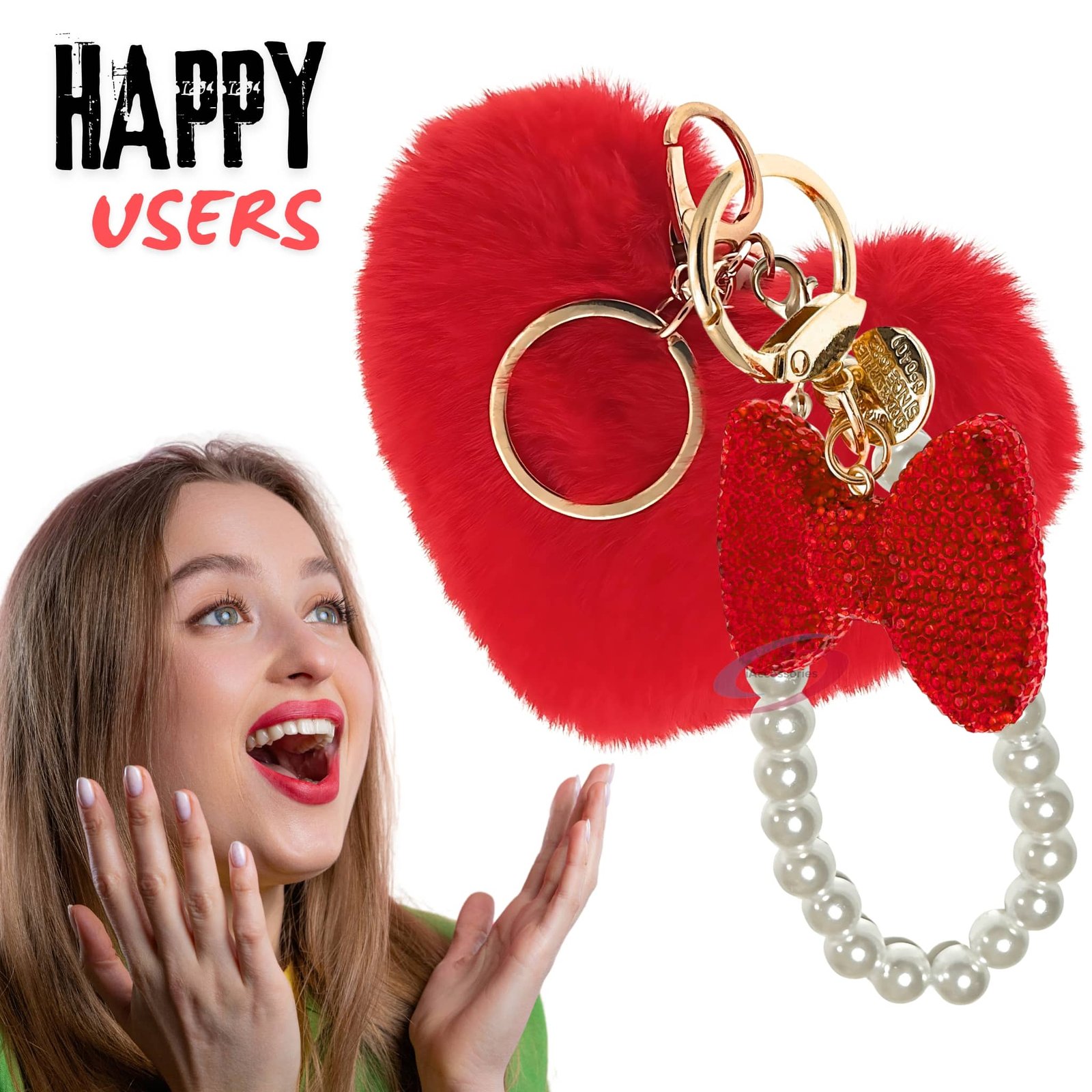 iAccessories Faux Fur Heart & Rhinestone Bow Keychain for Girls & Women Pearl Bead Loop Bag Charm, Cute Bling Key Ring for Handbags & Purses Festive Gift for Her – Red-7