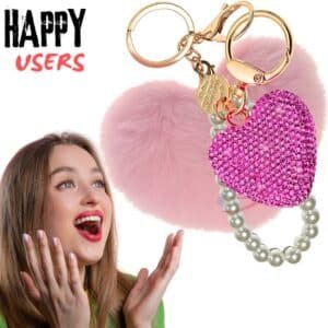 iAccessories Pink Faux Fur Heart Keychain with Rhinestone Heart & Pearl Pendant – Cute Fluffy Bag Charm for Girls