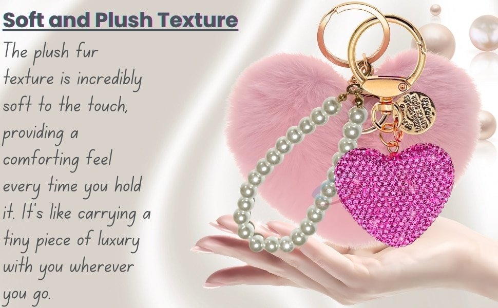 Main view of the Pink Faux Fur Heart Keychain with Rhinestone and Pearl