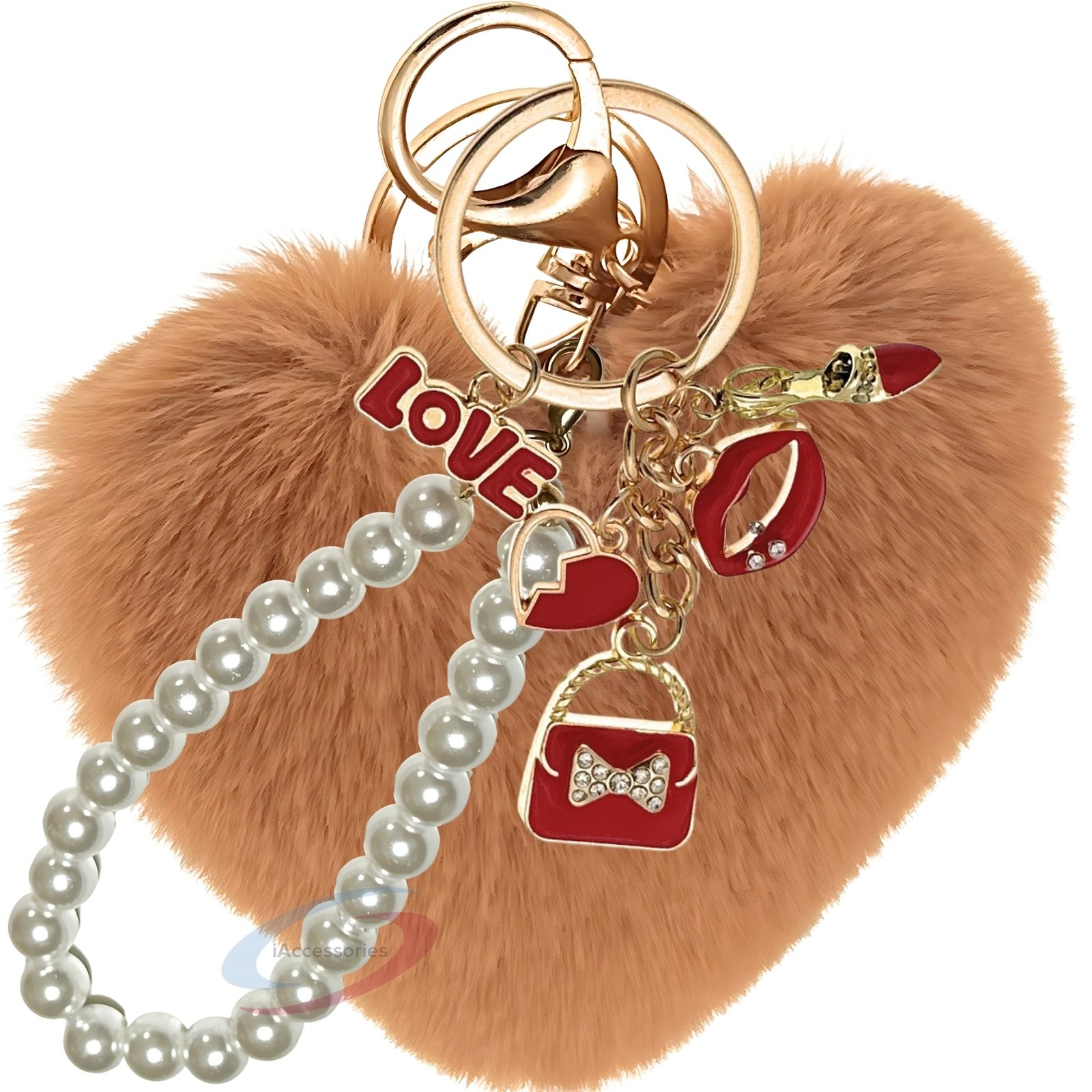 iAccessories Fluffy Faux Fur Pearl Fashion Pom Pom Heart Keychain Charm for Girls Bags, Wallets and Luggage (Brown)-1