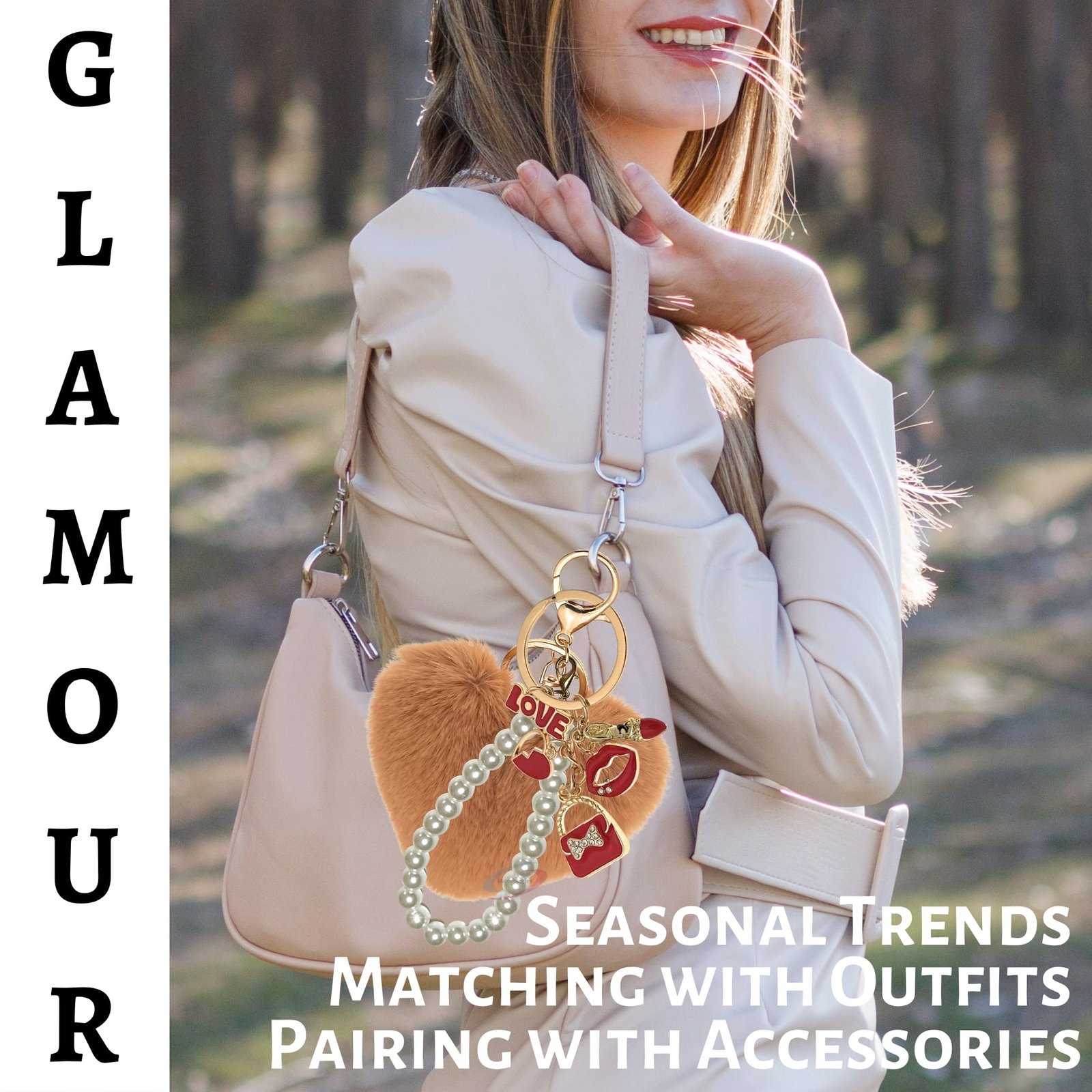 iAccessories Fluffy Faux Fur Pearl Fashion Pom Pom Heart Keychain Charm for Girls Bags, Wallets and Luggage (Brown)-2