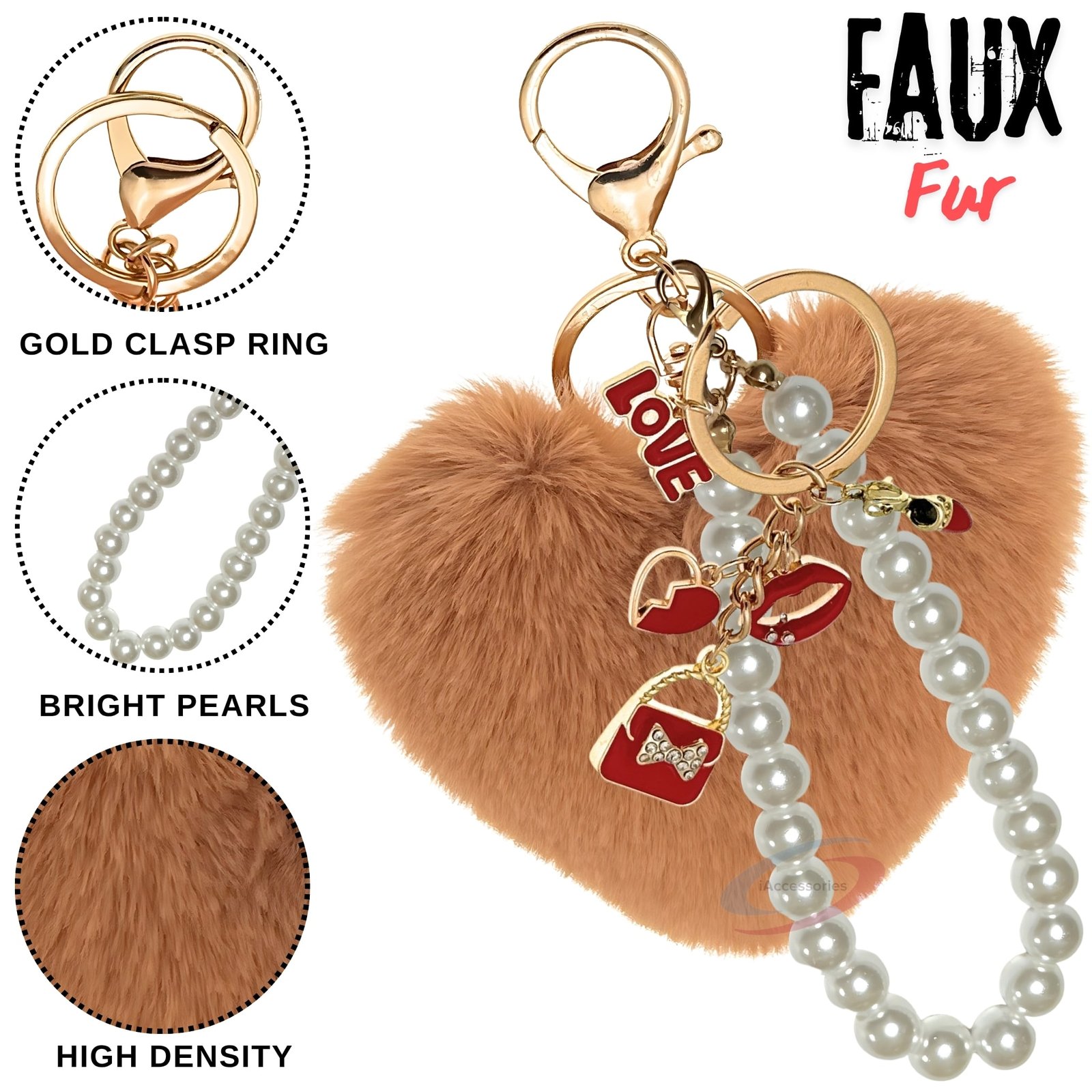 iAccessories Fluffy Faux Fur Pearl Fashion Pom Pom Heart Keychain Charm for Girls Bags, Wallets and Luggage (Brown)-3