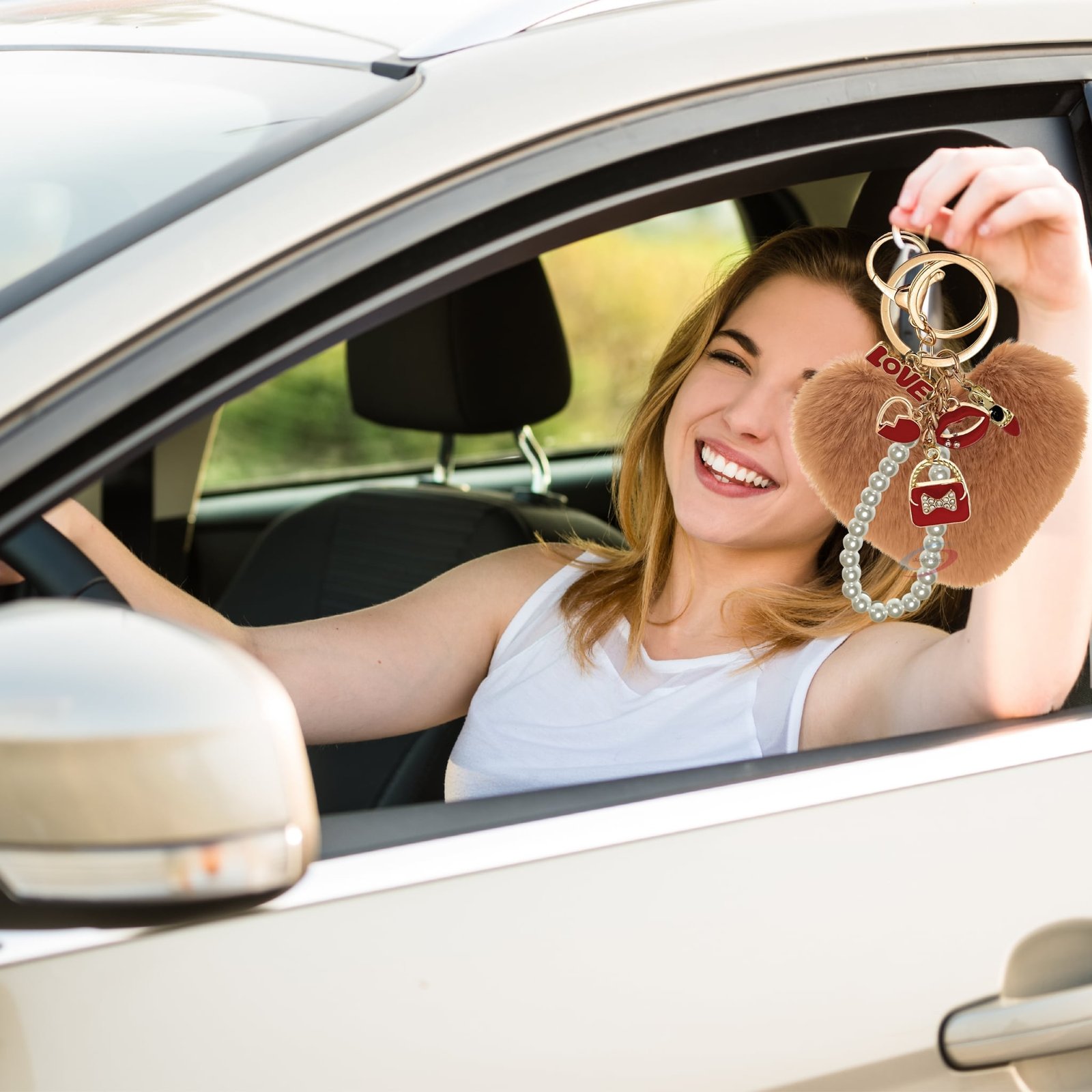 iAccessories Fluffy Faux Fur Pearl Fashion Pom Pom Heart Keychain Charm for Girls Bags, Wallets and Luggage (Brown)-6