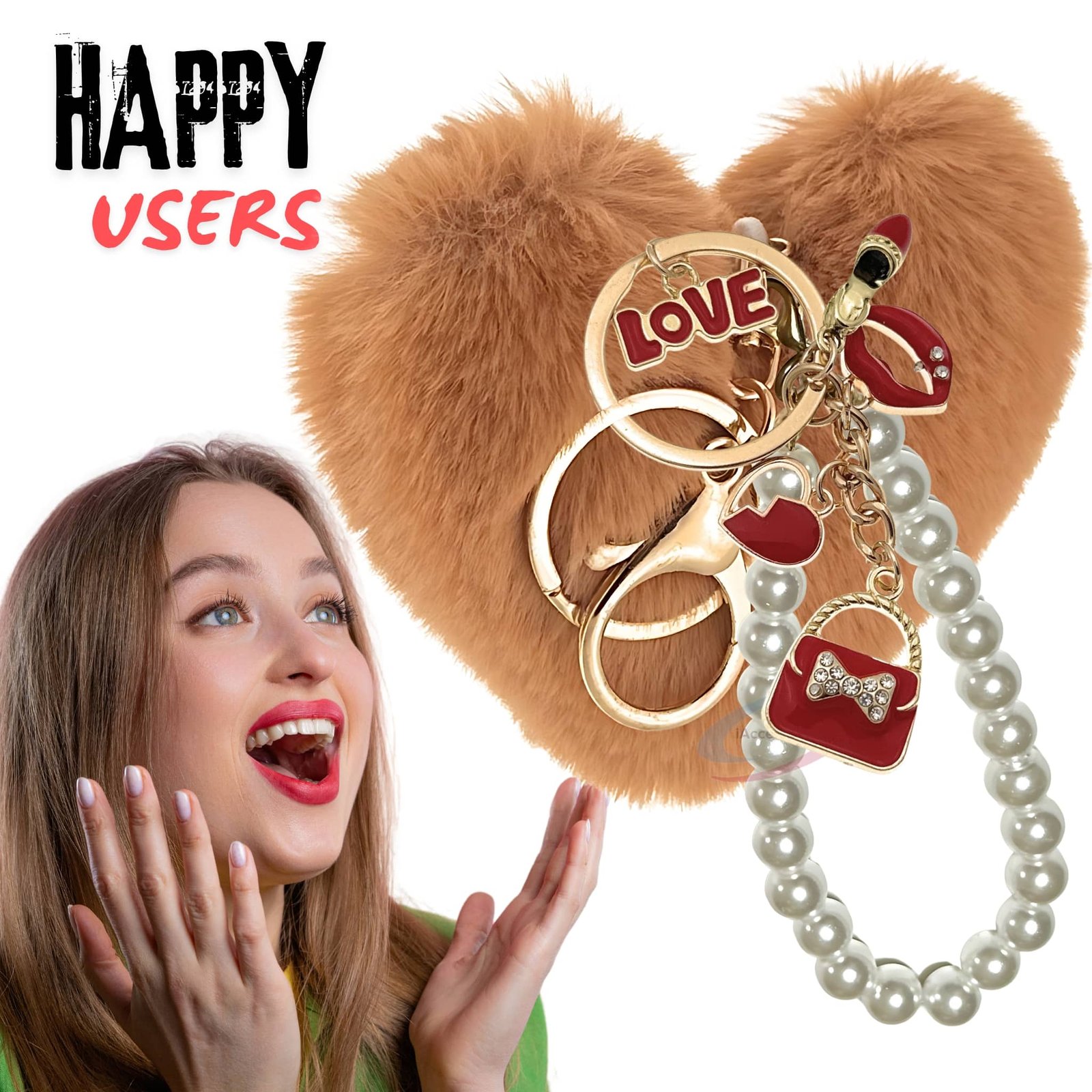 iAccessories Fluffy Faux Fur Pearl Fashion Pom Pom Heart Keychain Charm for Girls Bags, Wallets and Luggage (Brown)-7