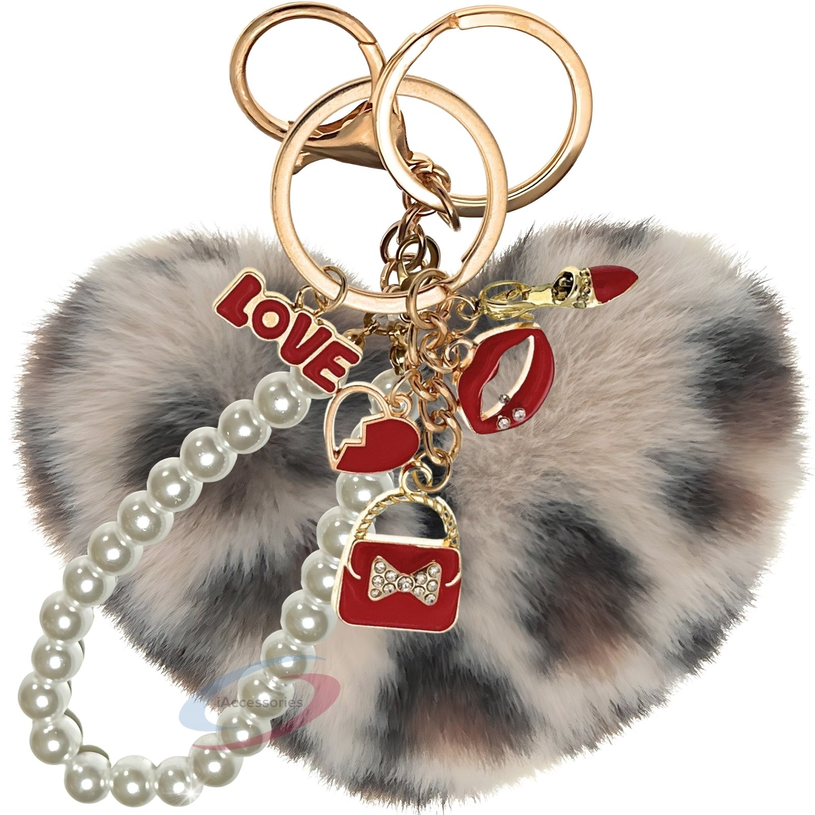 iAccessories Fluffy Faux Fur Pearl Fashion Pom Pom Heart Keychain Charm for Girls Bags, Wallets and Luggage (Cream Lepo)-1